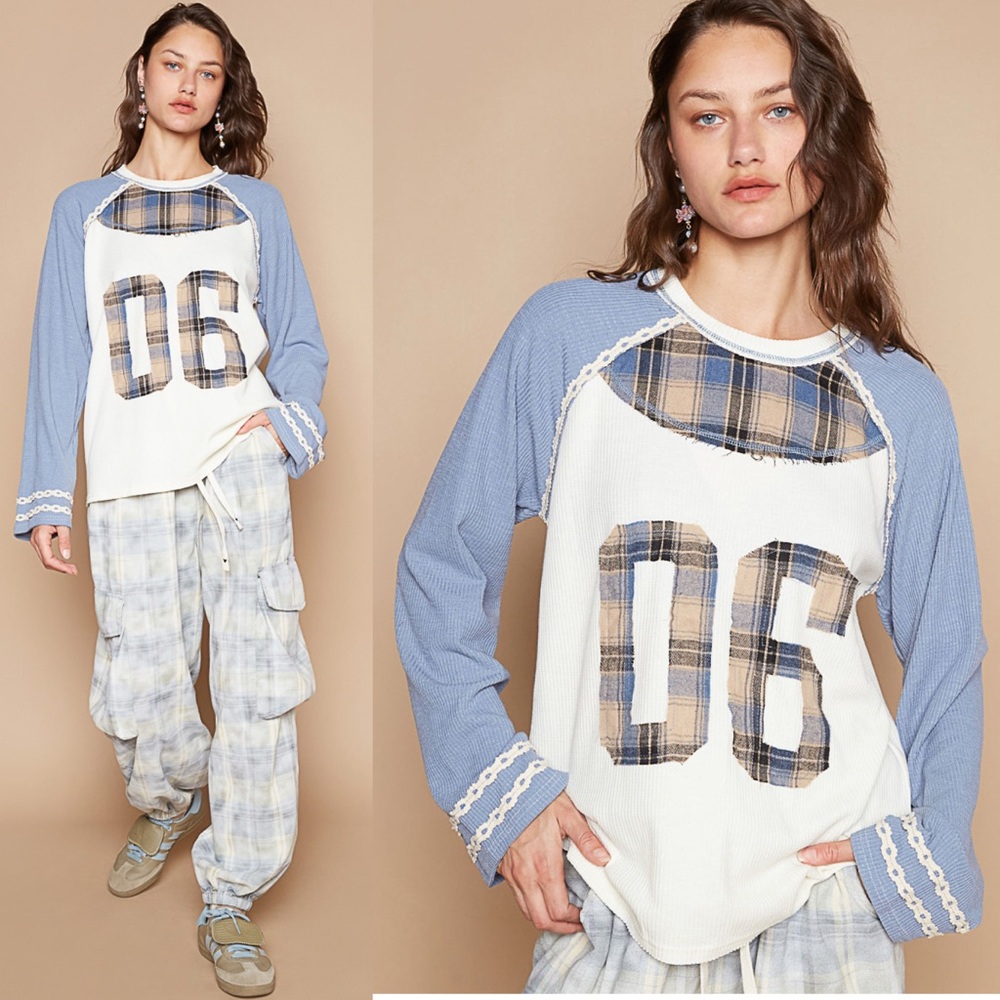 POL Blue and White Plaid Long Sleeve Top - Picture 3 of 5